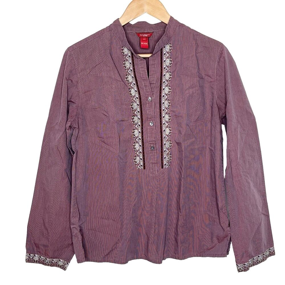 Sundance Embroidered Striped Popover Blouse Red Women’s 10 Long Sleeve boho